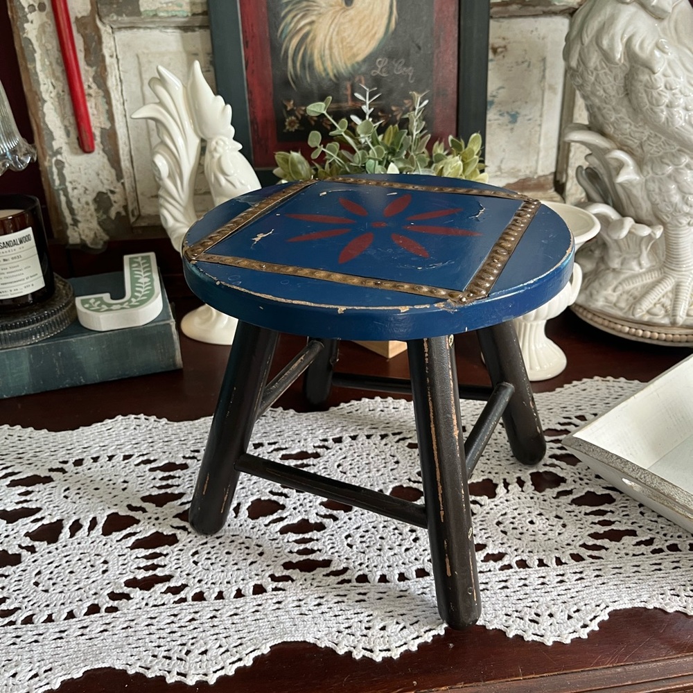 Rustic Blue and Black Wooden Stool - Picture 2 of 16